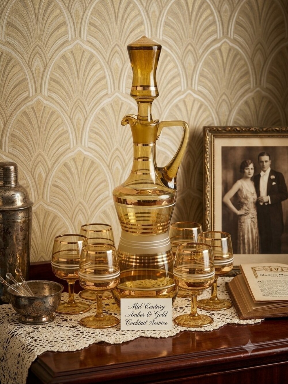 Vintage Bohemia Crystal Amber & Gold Decanter Set - Czechoslovakia